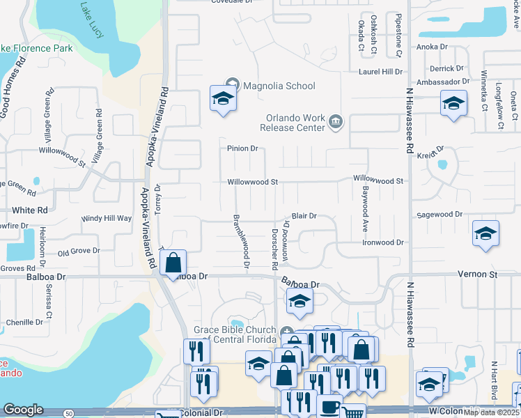 map of restaurants, bars, coffee shops, grocery stores, and more near 1827 Windmill Drive in Orlando