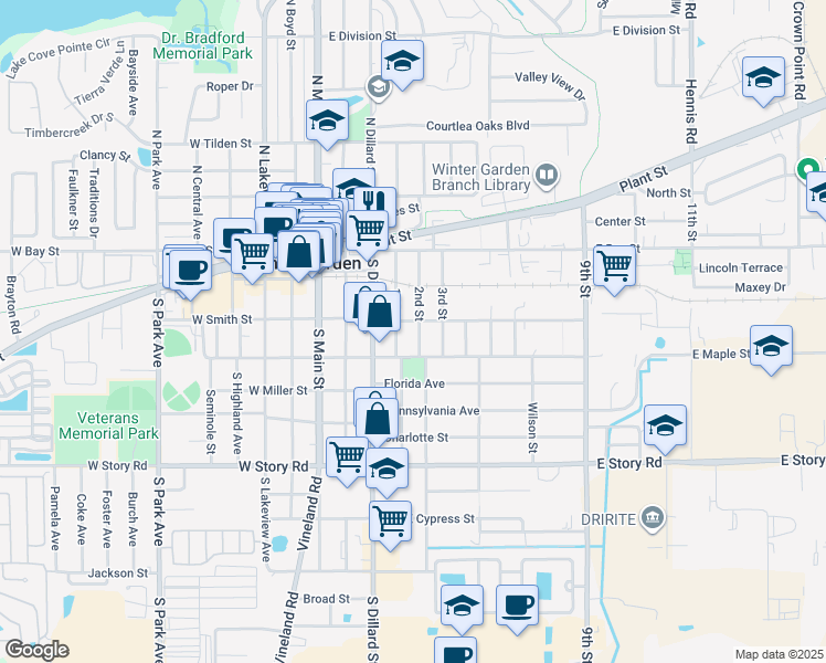 map of restaurants, bars, coffee shops, grocery stores, and more near 210 2nd Street in Winter Garden