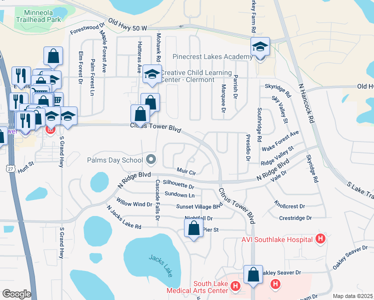 map of restaurants, bars, coffee shops, grocery stores, and more near 153 Sutter Drive in Clermont