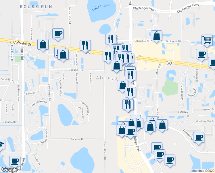 map of restaurants, bars, coffee shops, grocery stores, and more near 1435 Oberry Hoover Road in Orlando