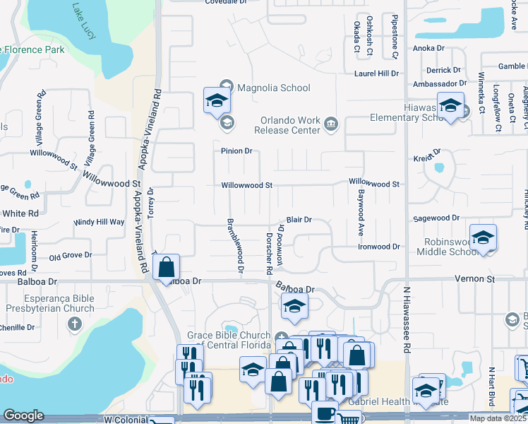 map of restaurants, bars, coffee shops, grocery stores, and more near 1827 Windmill Drive in Orlando