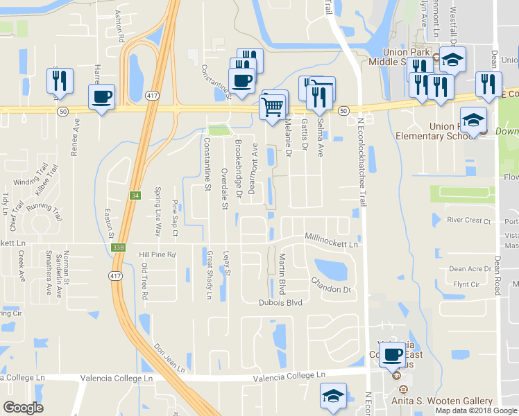 map of restaurants, bars, coffee shops, grocery stores, and more near 1310 Brookebridge Drive in Orlando