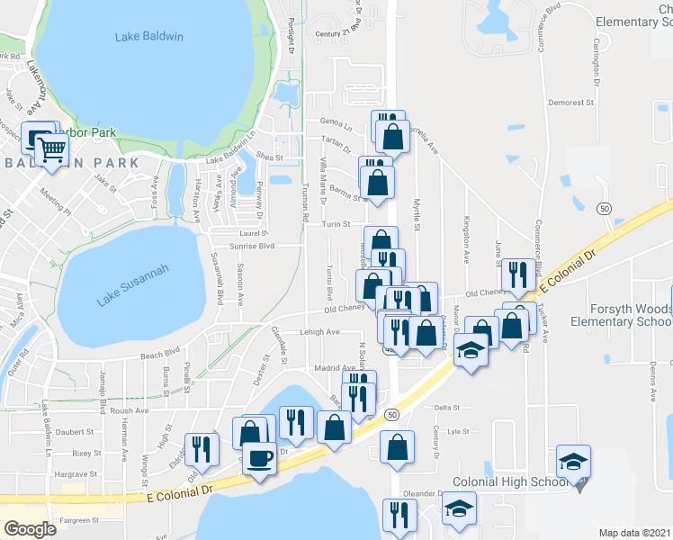 map of restaurants, bars, coffee shops, grocery stores, and more near 1302 Citrus Gardens Drive in Orlando