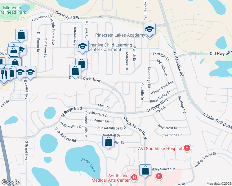 map of restaurants, bars, coffee shops, grocery stores, and more near 1624 Muir Circle in Clermont