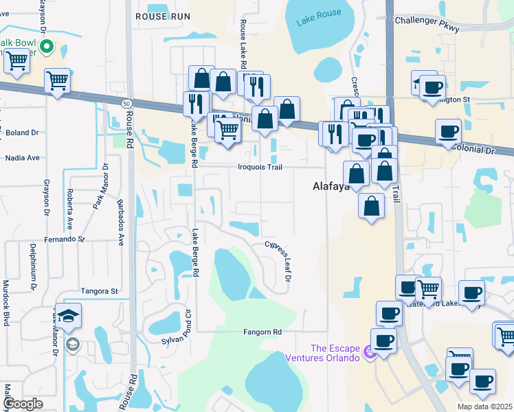 map of restaurants, bars, coffee shops, grocery stores, and more near 1490 Armone Street in Orlando