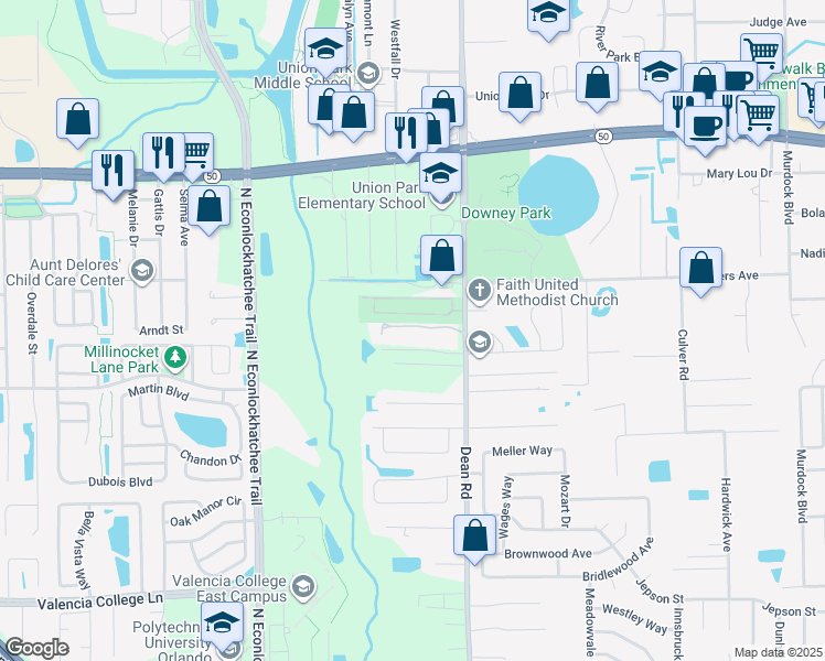 map of restaurants, bars, coffee shops, grocery stores, and more near 9825 River Crest Court in Orlando