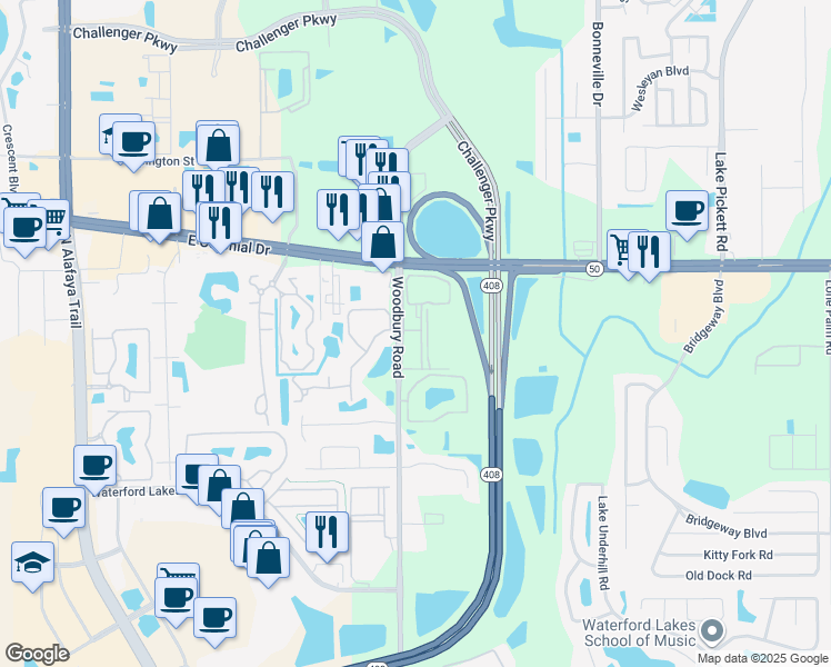 map of restaurants, bars, coffee shops, grocery stores, and more near 12400 East Colonial Drive in Orlando