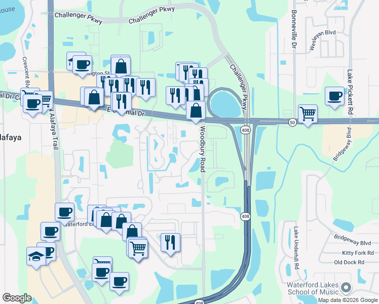 map of restaurants, bars, coffee shops, grocery stores, and more near 1700 Woodbury Road in Orlando