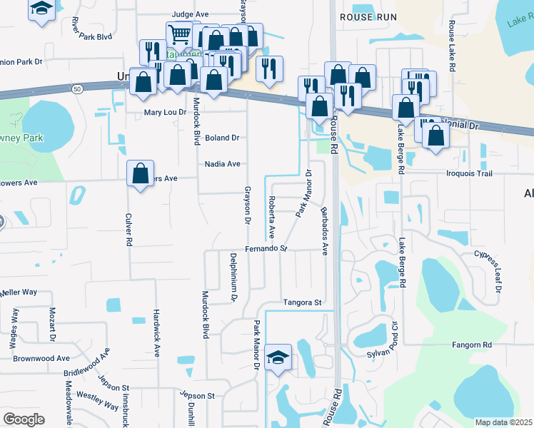 map of restaurants, bars, coffee shops, grocery stores, and more near 1118 Roberta Avenue in Orlando
