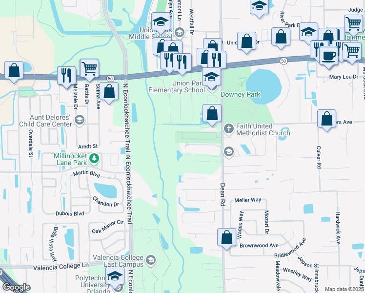 map of restaurants, bars, coffee shops, grocery stores, and more near 9801 River Crest Court in Orlando