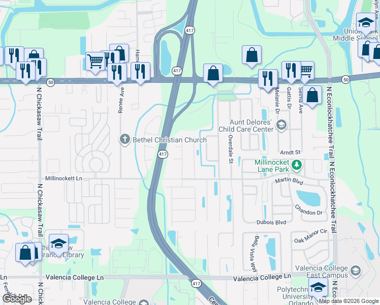 map of restaurants, bars, coffee shops, grocery stores, and more near 1227 Spring Lite Way in Orlando