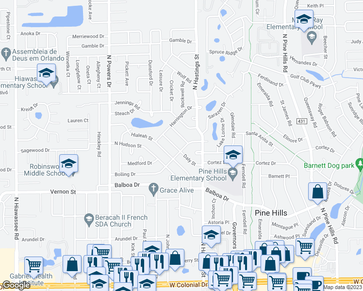 map of restaurants, bars, coffee shops, grocery stores, and more near 1630 Daly Street in Orlando