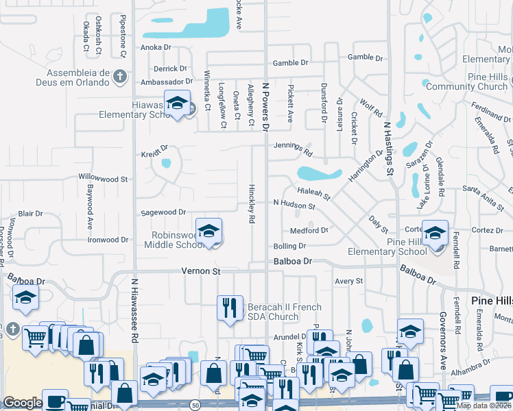 map of restaurants, bars, coffee shops, grocery stores, and more near 1740 North Powers Drive in Orlando