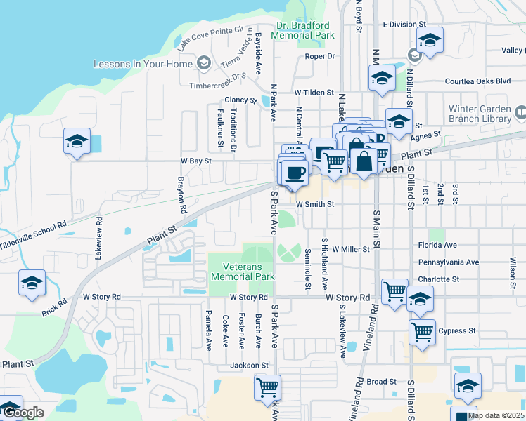 map of restaurants, bars, coffee shops, grocery stores, and more near 48 South Park Avenue in Winter Garden
