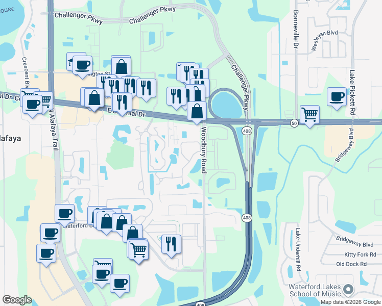 map of restaurants, bars, coffee shops, grocery stores, and more near 1700 Woodbury Road in Orlando