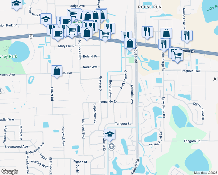 map of restaurants, bars, coffee shops, grocery stores, and more near 1118 Roberta Avenue in Orlando