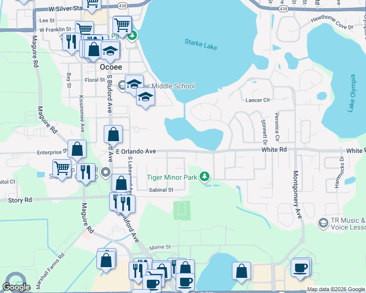 map of restaurants, bars, coffee shops, grocery stores, and more near 400 Orlando Avenue in Ocoee