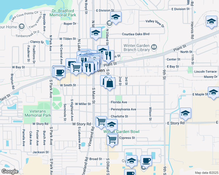 map of restaurants, bars, coffee shops, grocery stores, and more near 209 South Dillard Street in Winter Garden