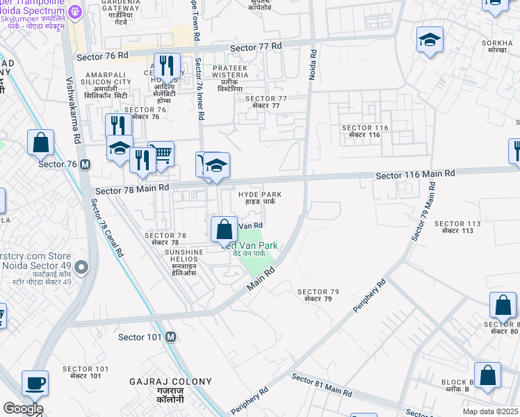 map of restaurants, bars, coffee shops, grocery stores, and more near in Noida