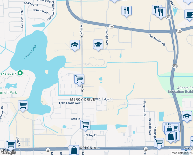 map of restaurants, bars, coffee shops, grocery stores, and more near 1605 Mercy Drive in Orlando