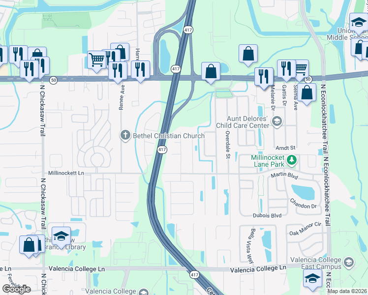 map of restaurants, bars, coffee shops, grocery stores, and more near 1227 Spring Lite Way in Orlando