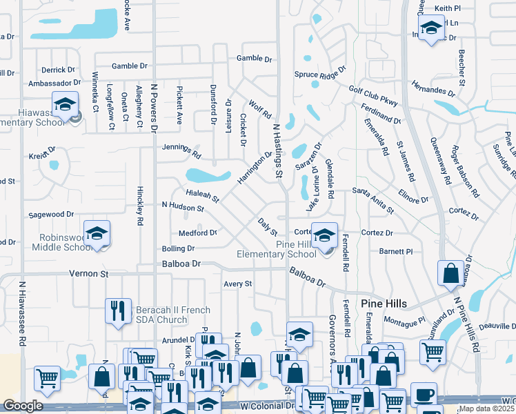 map of restaurants, bars, coffee shops, grocery stores, and more near 1630 Daly Street in Orlando