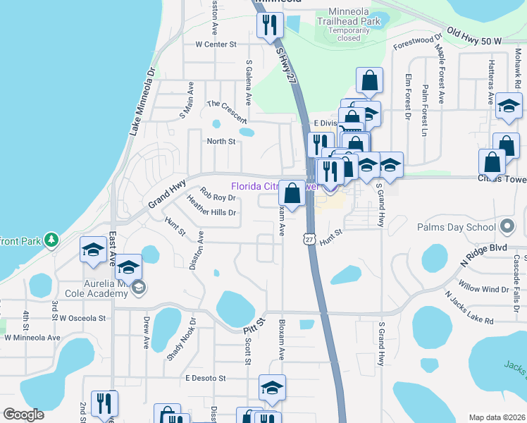 map of restaurants, bars, coffee shops, grocery stores, and more near 654 Villa Court in Clermont
