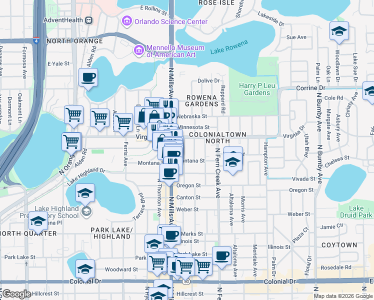map of restaurants, bars, coffee shops, grocery stores, and more near 1321 Portland Avenue in Orlando
