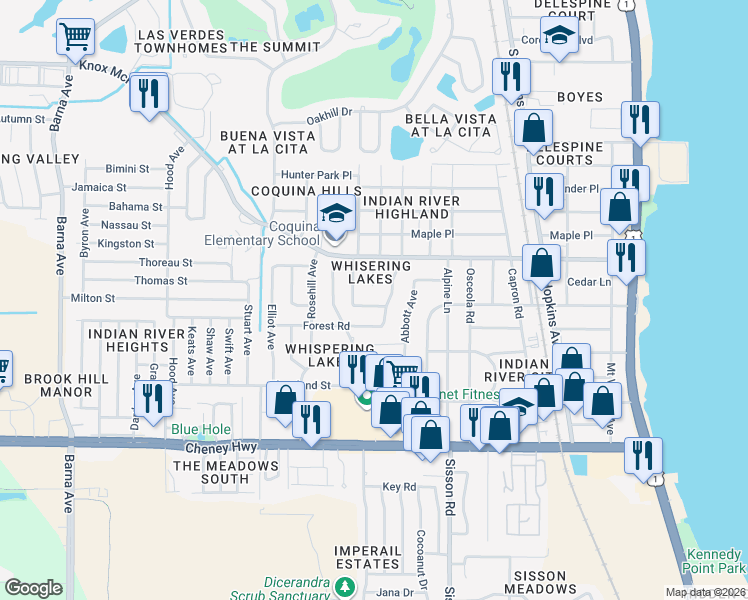 map of restaurants, bars, coffee shops, grocery stores, and more near 730 Glade Road in Titusville