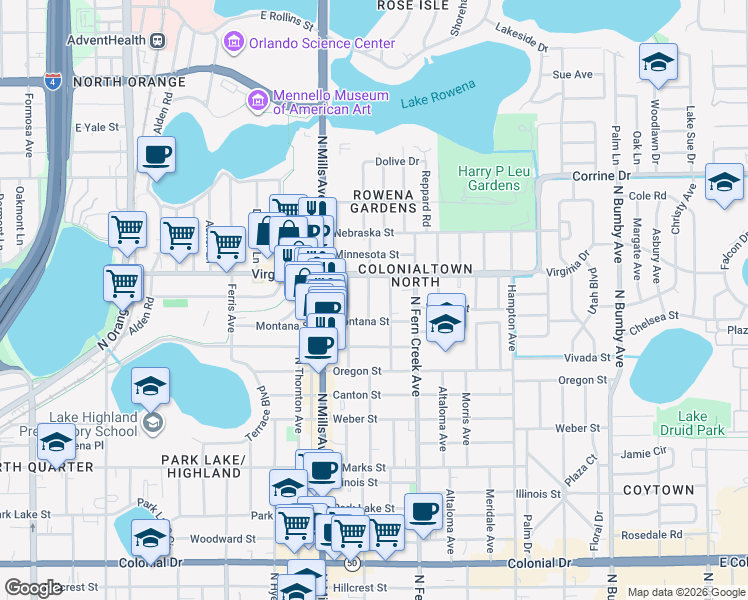map of restaurants, bars, coffee shops, grocery stores, and more near 1321 Portland Avenue in Orlando