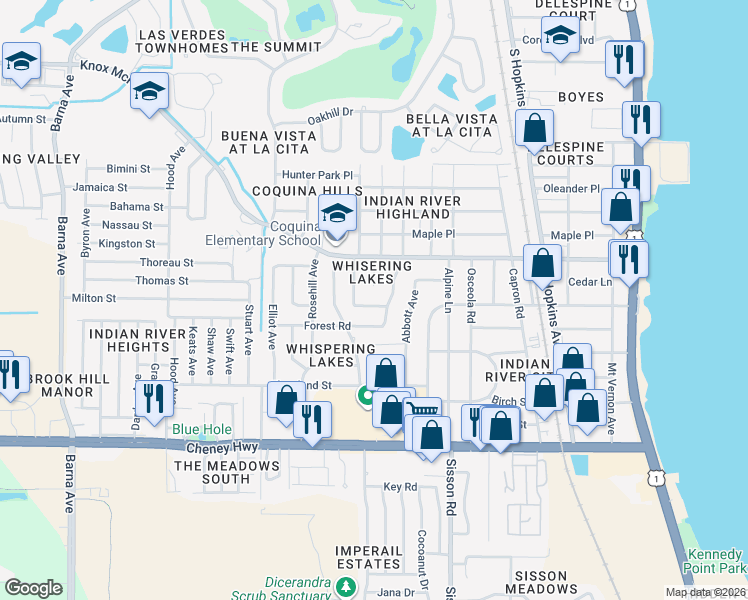 map of restaurants, bars, coffee shops, grocery stores, and more near 730 Glade Road in Titusville