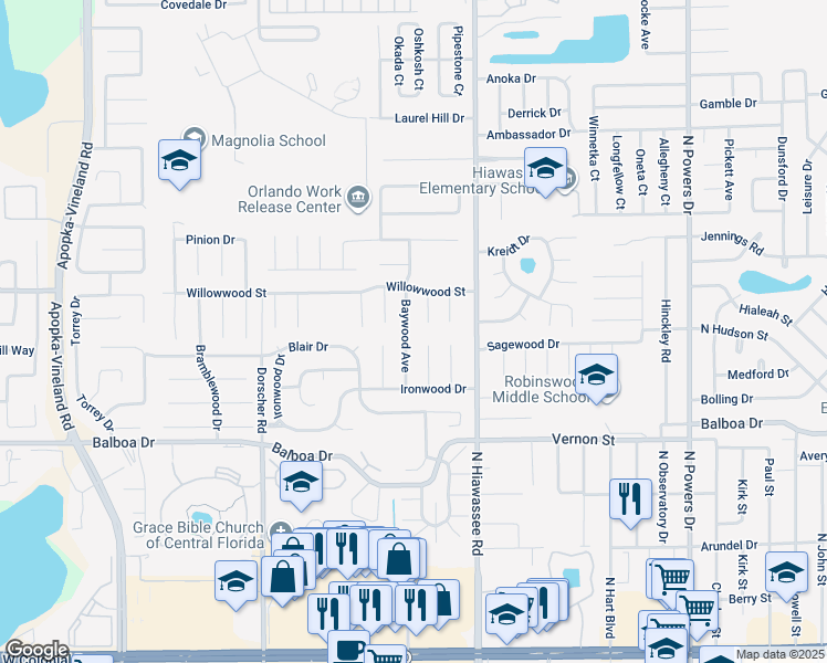 map of restaurants, bars, coffee shops, grocery stores, and more near 1813 Baywood Avenue in Orlando