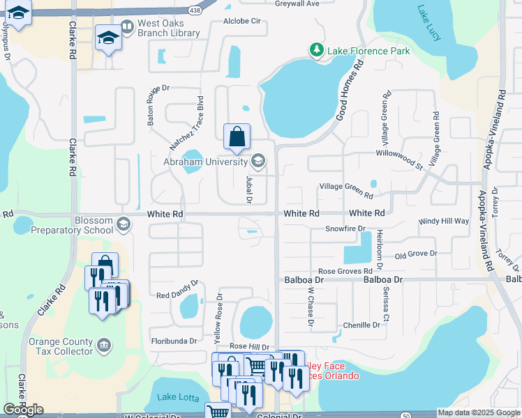 map of restaurants, bars, coffee shops, grocery stores, and more near 1443 Sackett Circle in Orlando