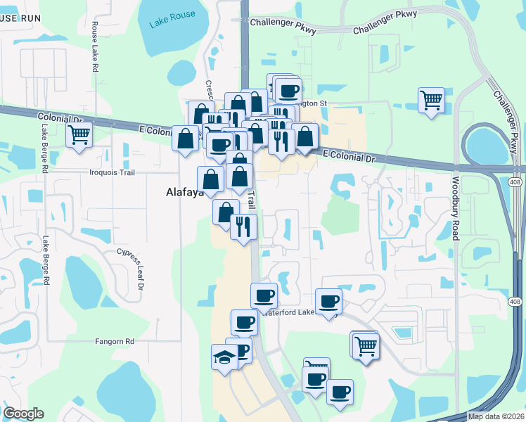 map of restaurants, bars, coffee shops, grocery stores, and more near 1332 Alana Drive in Orlando