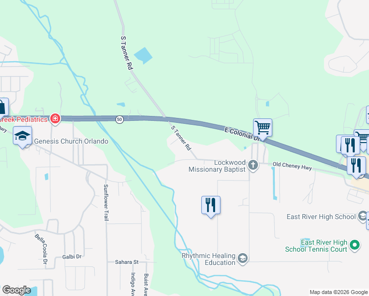 map of restaurants, bars, coffee shops, grocery stores, and more near 15819 Old Cheney Highway in Orlando