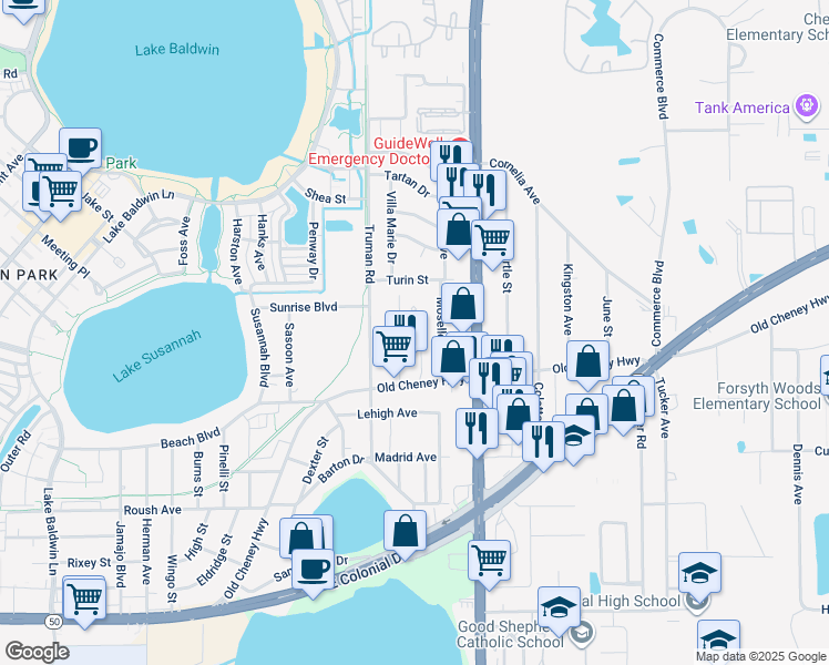 map of restaurants, bars, coffee shops, grocery stores, and more near 1302 Citrus Gardens Drive in Orlando