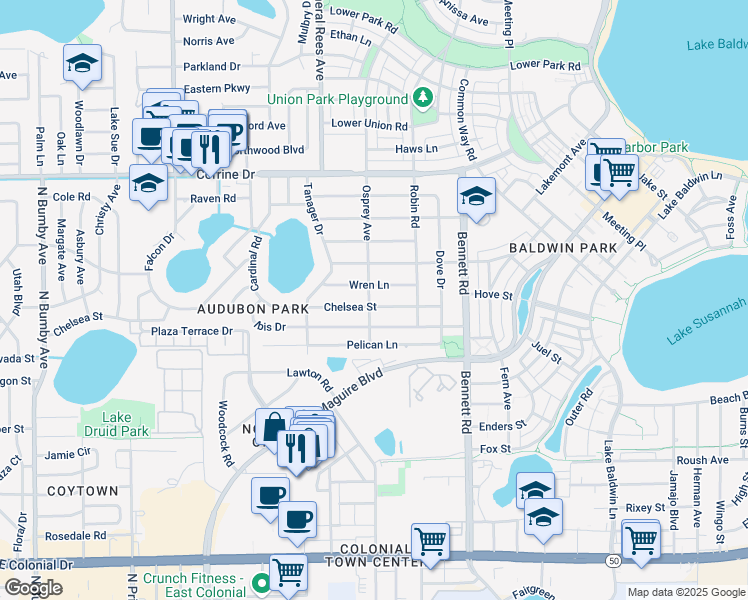 map of restaurants, bars, coffee shops, grocery stores, and more near 1201 Osprey Avenue in Orlando