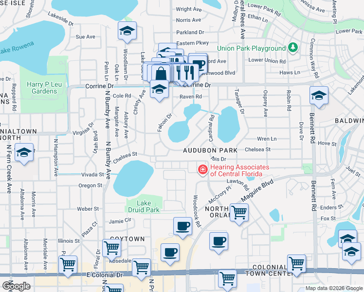 map of restaurants, bars, coffee shops, grocery stores, and more near 1200 Heron Drive in Orlando