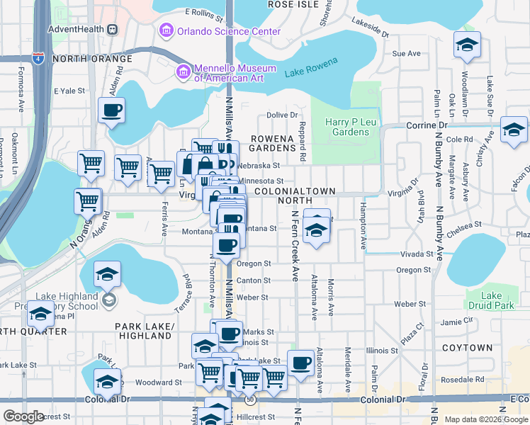 map of restaurants, bars, coffee shops, grocery stores, and more near 1321 Portland Avenue in Orlando