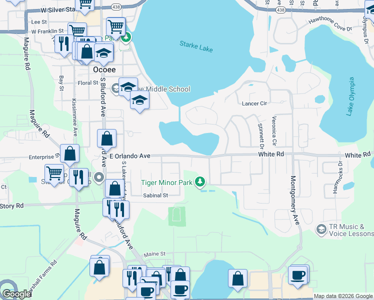 map of restaurants, bars, coffee shops, grocery stores, and more near 400 Orlando Avenue in Ocoee