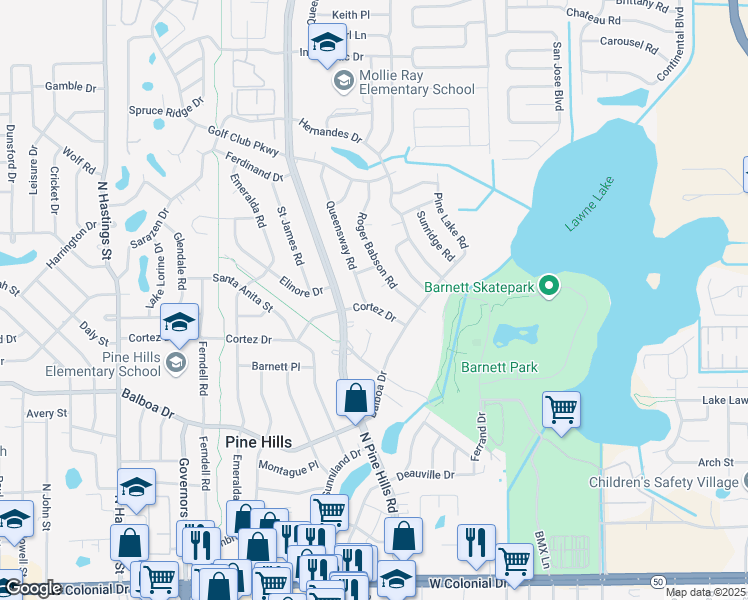 map of restaurants, bars, coffee shops, grocery stores, and more near 4915 Cortez Dr in Orlando