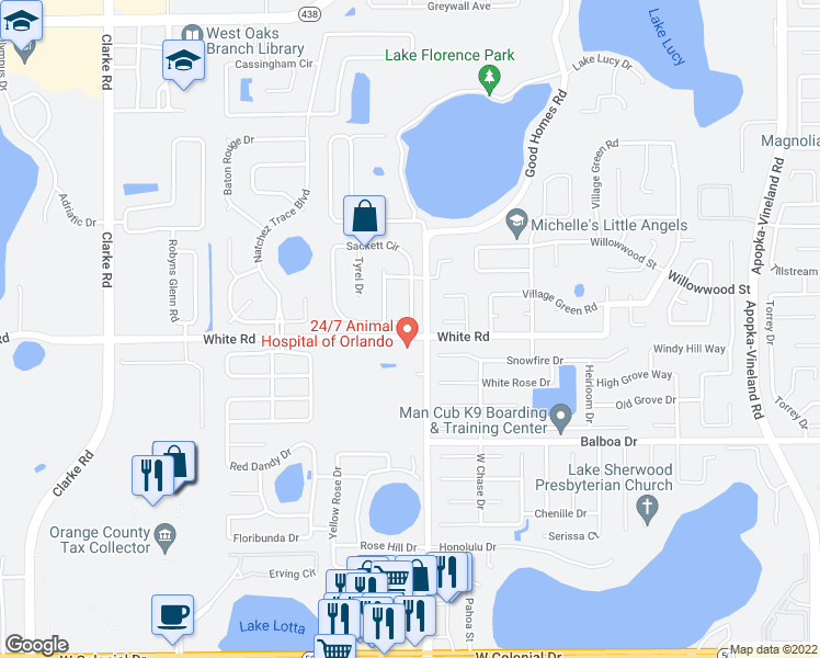 map of restaurants, bars, coffee shops, grocery stores, and more near 1443 Sackett Circle in Orlando