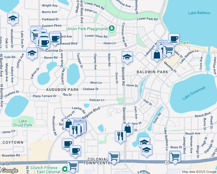 map of restaurants, bars, coffee shops, grocery stores, and more near 3921 Chelsea Street in Orlando