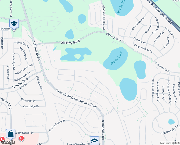 map of restaurants, bars, coffee shops, grocery stores, and more near 2411 Caledonian Street in Clermont