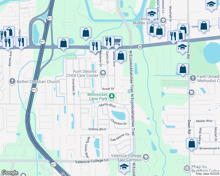 map of restaurants, bars, coffee shops, grocery stores, and more near 1201 Gattis Drive in Orlando