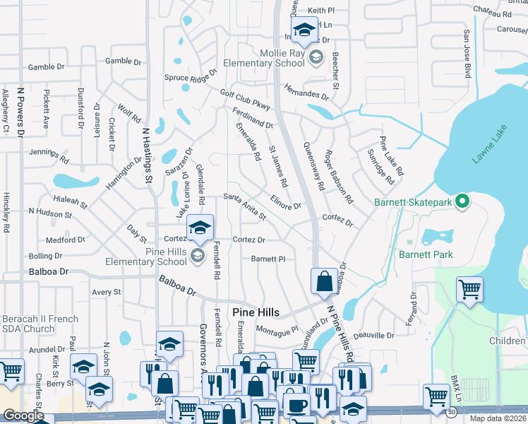 map of restaurants, bars, coffee shops, grocery stores, and more near 1215 Santa Anita Street in Orlando