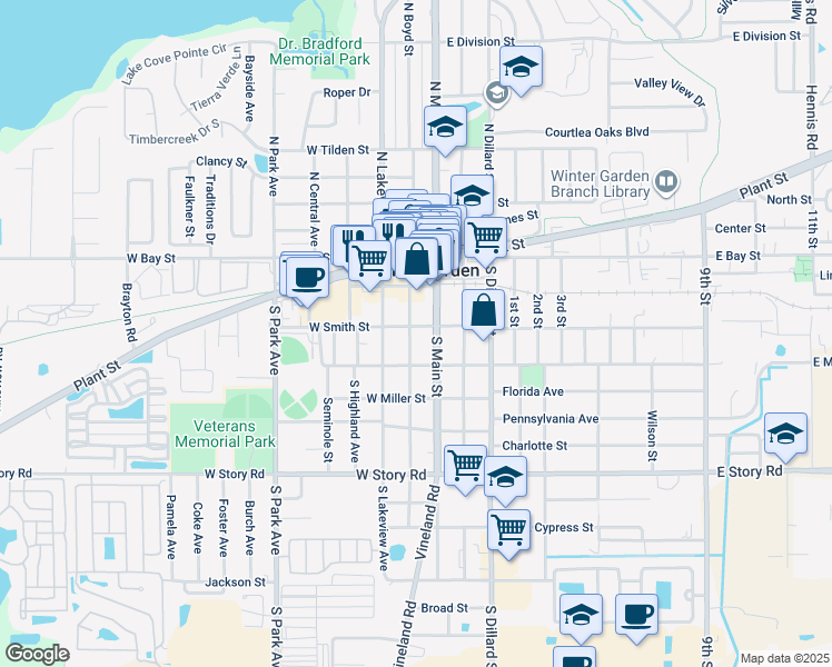 map of restaurants, bars, coffee shops, grocery stores, and more near 203 South Boyd Street in Winter Garden