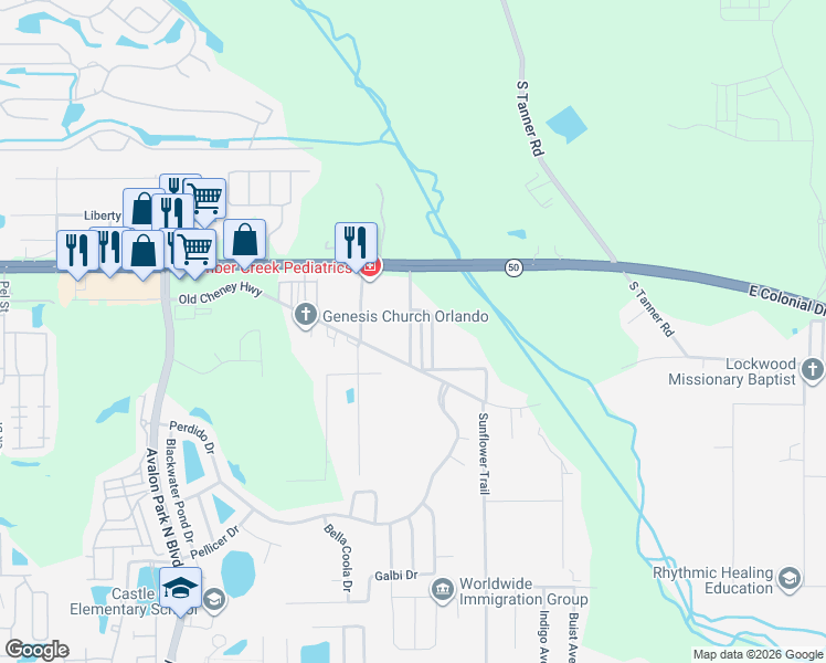 map of restaurants, bars, coffee shops, grocery stores, and more near 1601 Semon Drive in Orlando