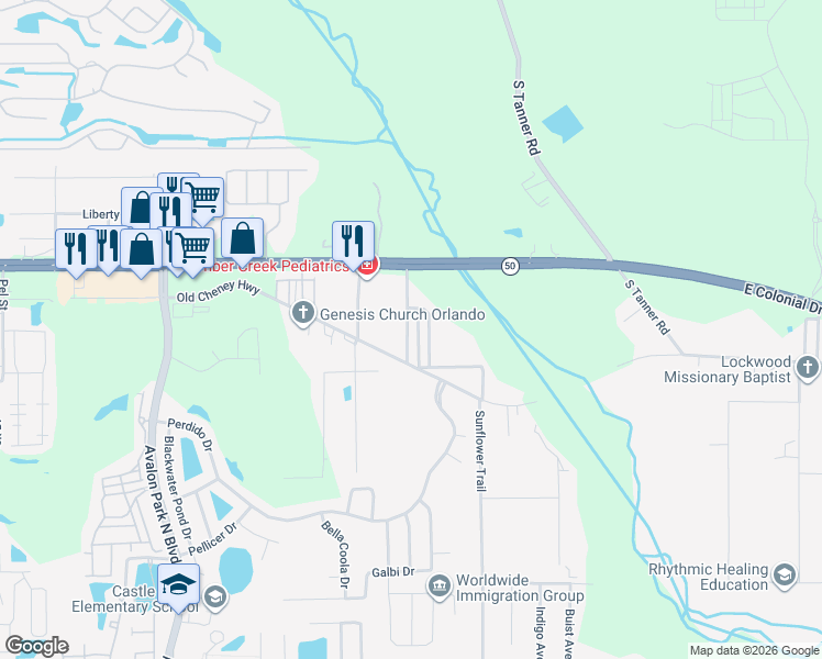 map of restaurants, bars, coffee shops, grocery stores, and more near 1601 Semon Drive in Orlando