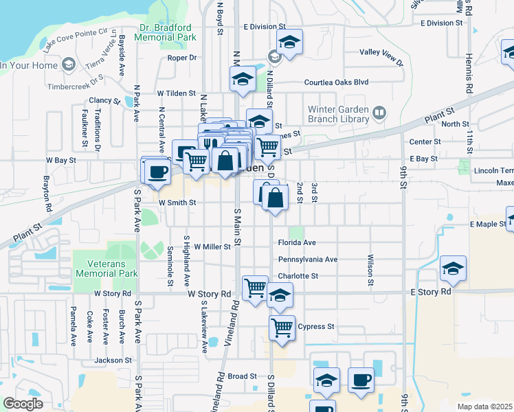 map of restaurants, bars, coffee shops, grocery stores, and more near 10 East Smith Street in Winter Garden